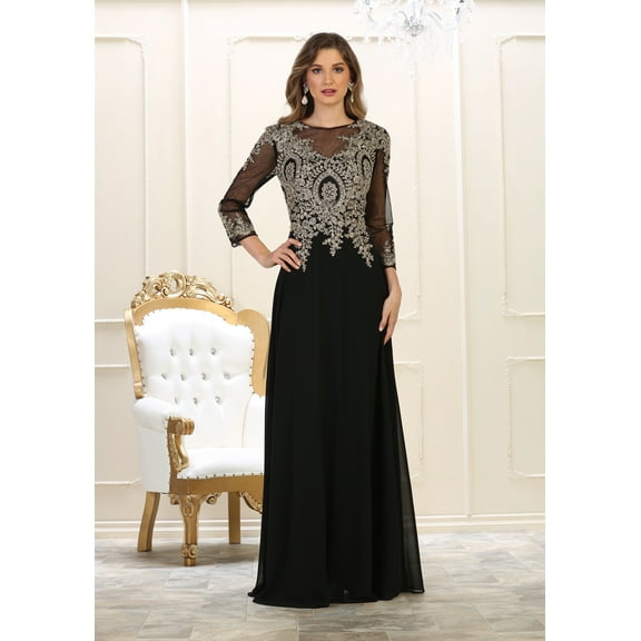 Womens Black/Gold Mother Of The Bride Evening Long Boat Neck 3/4 Sleeves A-Line Plus Size Dress