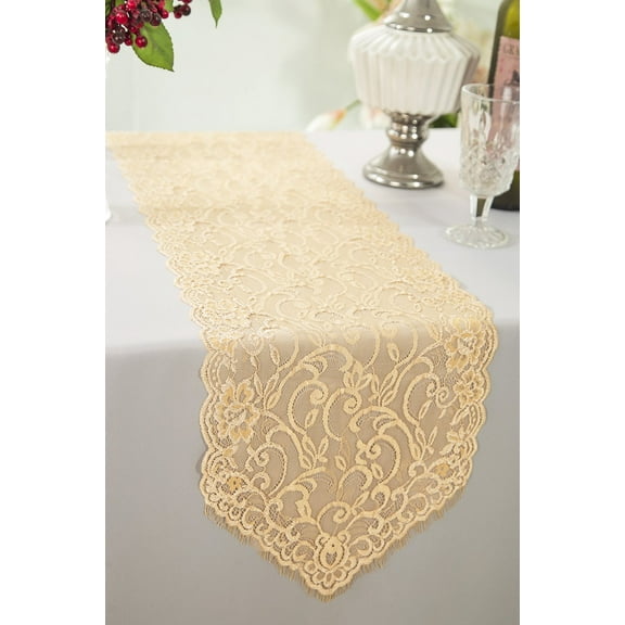 Wedding Linens Inc. 12" x 108" Chantilly Lace Table Runner for Wedding, Events, Décor and Home Decoration use - Champagne