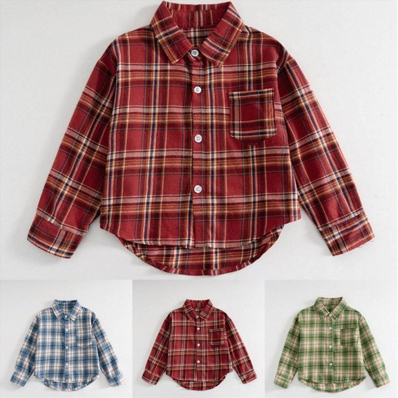 3-6 Months Infant Boys Long Sleeve Plaid Dress Shirts Button Up School Uniform Kids Spring Fall Clothes Tops for 3M-11T Infant Baby to Tween