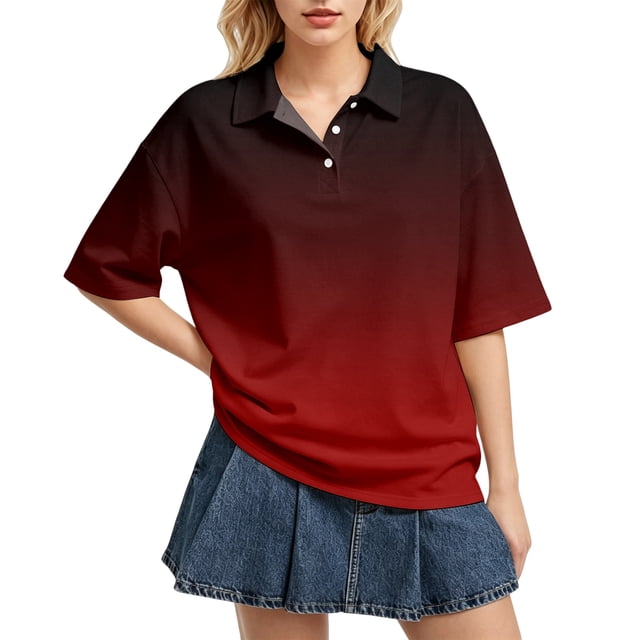 Sewkxo Women's Rugby Shirt Gradient Color Polo T-Shirts Oversized Short Sleeve Lapel V Neck Tee Summer Pullover Tops,Red M