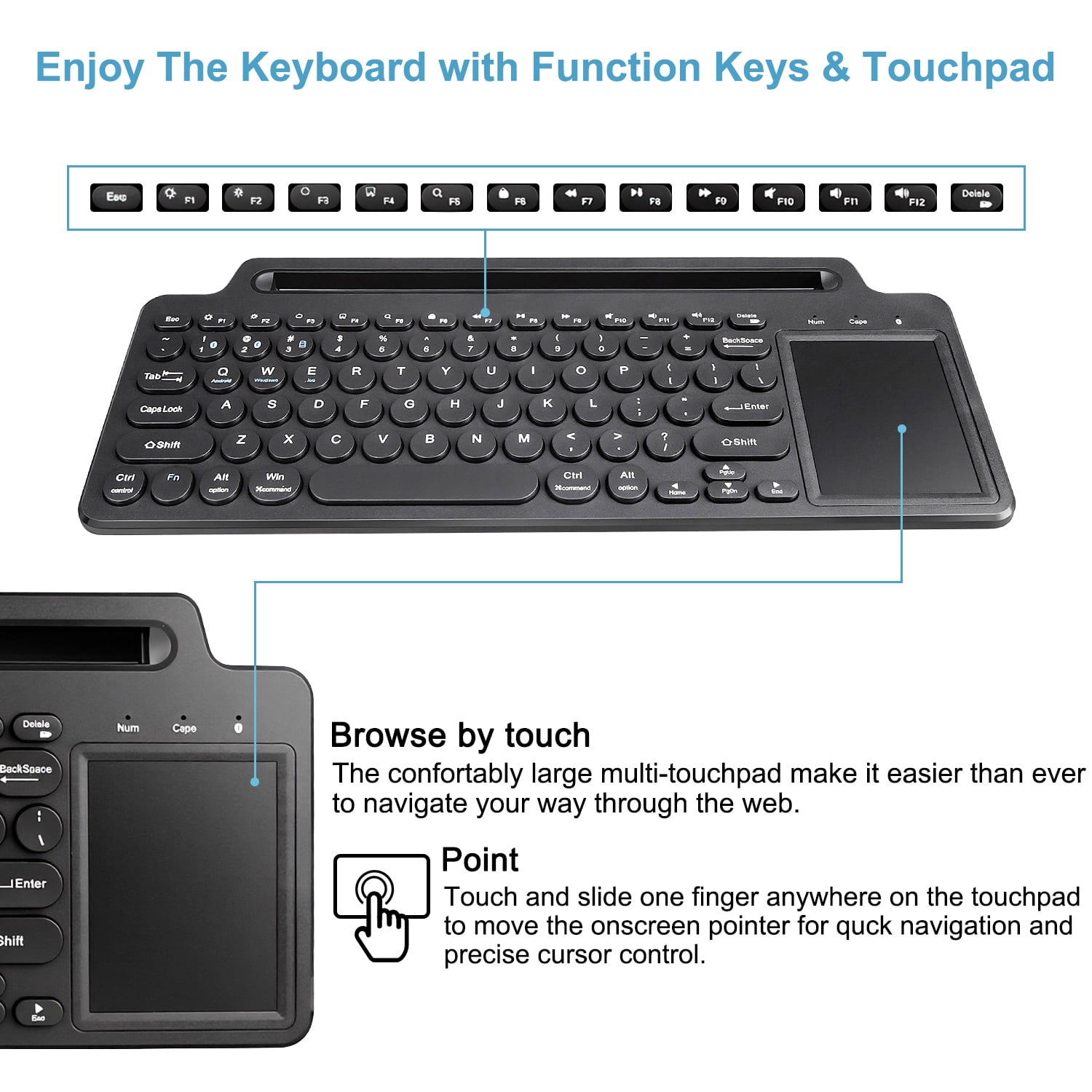 2.4G Wireless Keyboard with Touchpad, Multi-Device Bluetooth Keyboard with Built-in Cradle, Portable Computer Keyboard Quiet Computer Keyboard with Multimedia Keys for PC Computer Tablet Laptop