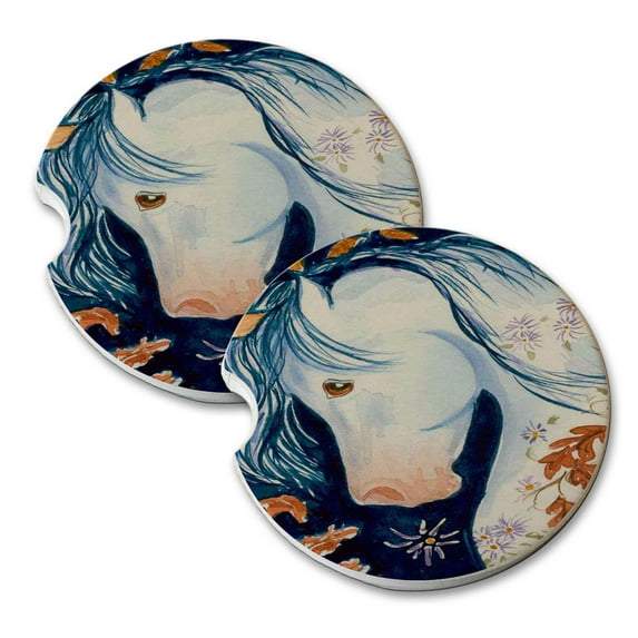KuzmarK Sandstone Car Drink Coaster (set of 2) - Unicorn in Autumn with Oak Leaves and Asters Fantasy Horse Art by Denise Every