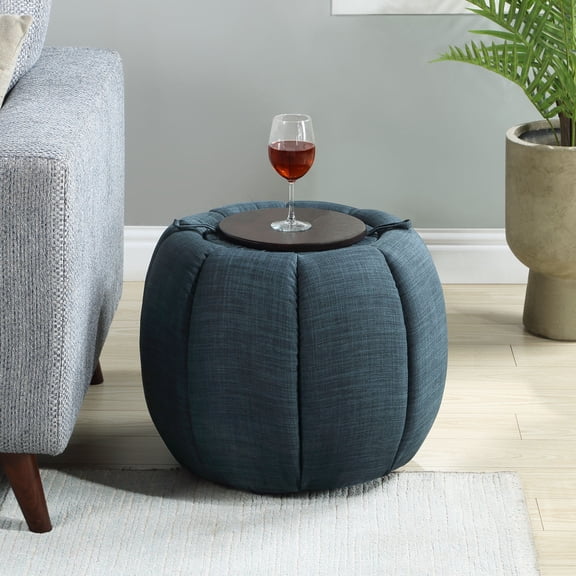 Urban Upmarket Round Storage Ottoman with Reversible Wood Tray, Plush Upholstery, Hidden Compartment, Multi-Use Footrest, Side Table, or Extra Seating