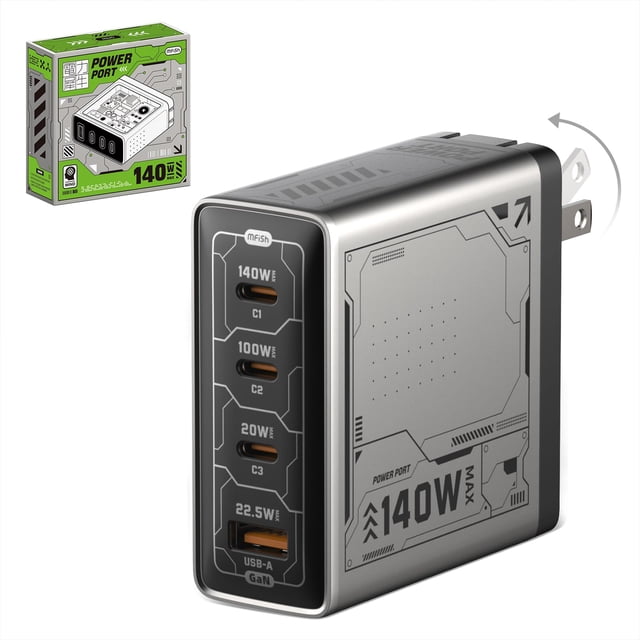 Cargador MFish E-Rhino 140W PD 3.1 GaN de 4 puertos USB-C