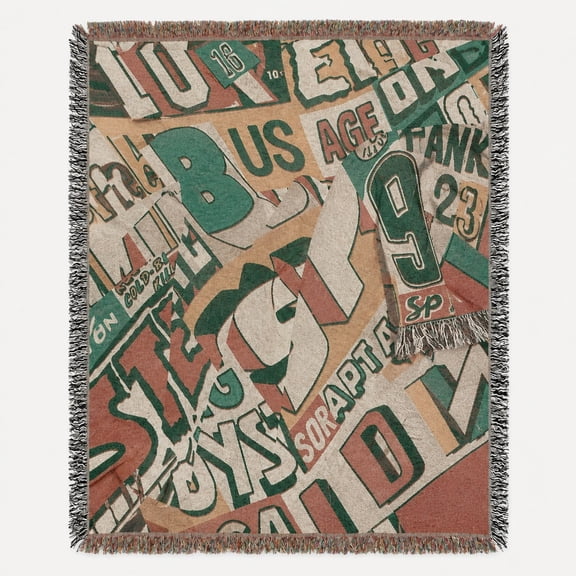 Retro Varsity Typography Green, Coral and Cream Woven Blanket, 100% Cotton, Collegiate Sports Style for Home
