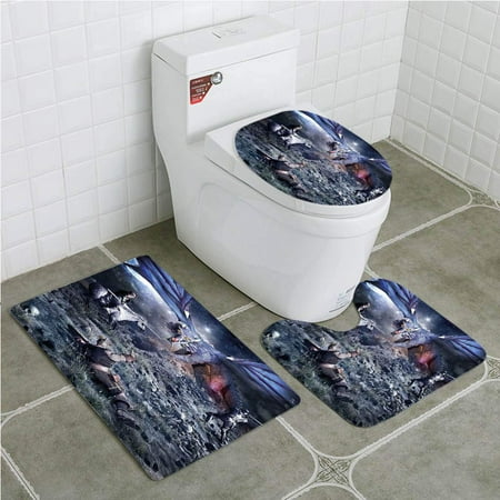 CHAPLLE Fantasy Dragon Fighting Medieval Knights War Scene in Gothic Fiction Dark Blue 3 Piece Bathroom Rugs Set Bath Rug Contour Mat and Toilet Lid (Best Scenes In The Dark Knight)