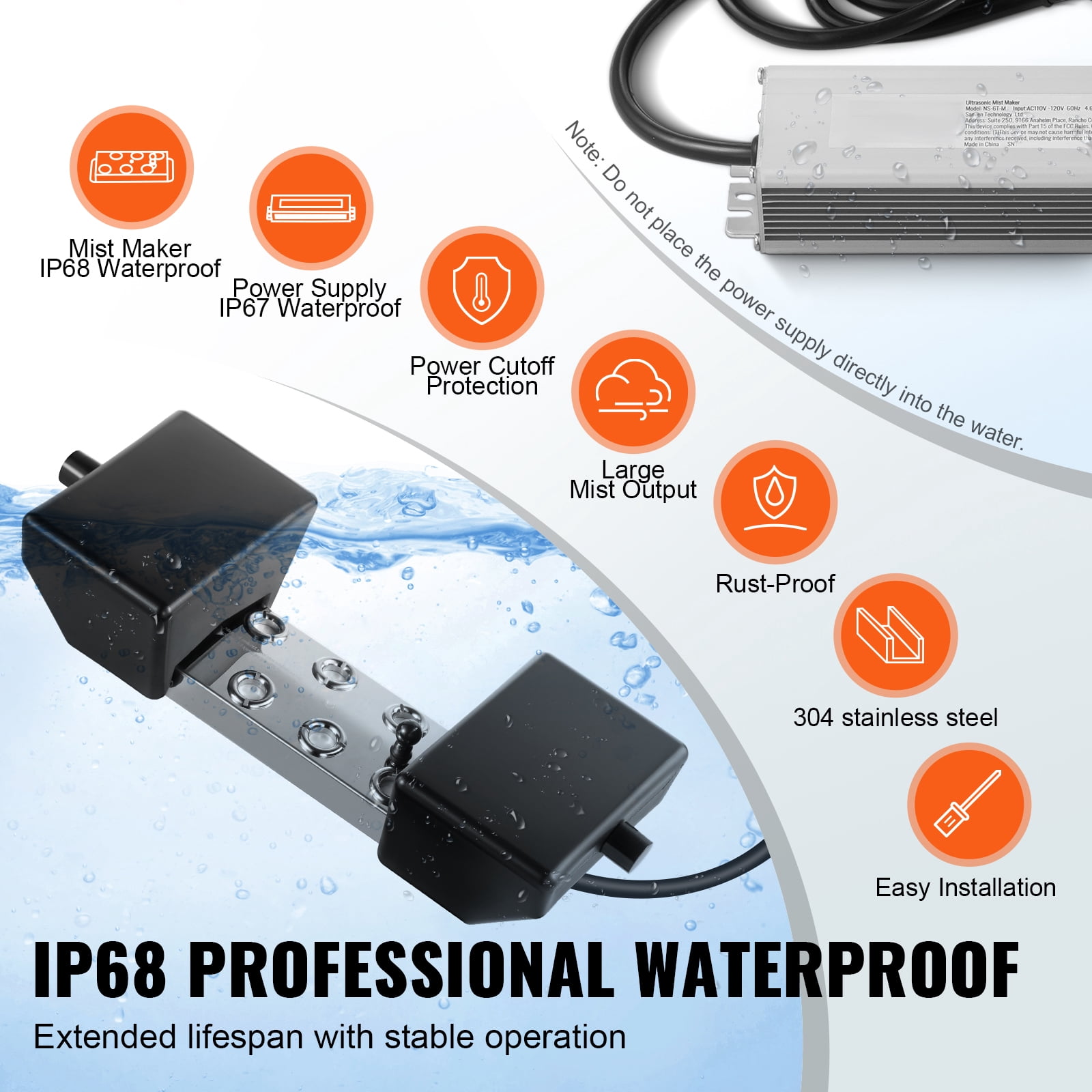 KFFKFF Ultrasonic Fog Creator 6 Head, 4500mL/H Mist Generator, 165W IP67 Water-Resistant Power Unit, Float, Spare Discs, Ideal for Ponds, Gardens, Rockeries, Greenhouses, Halloween Decor