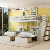 Full Over Twin & Twin Wooden Triple Bunk Bed with Drawers & Guardrails - White