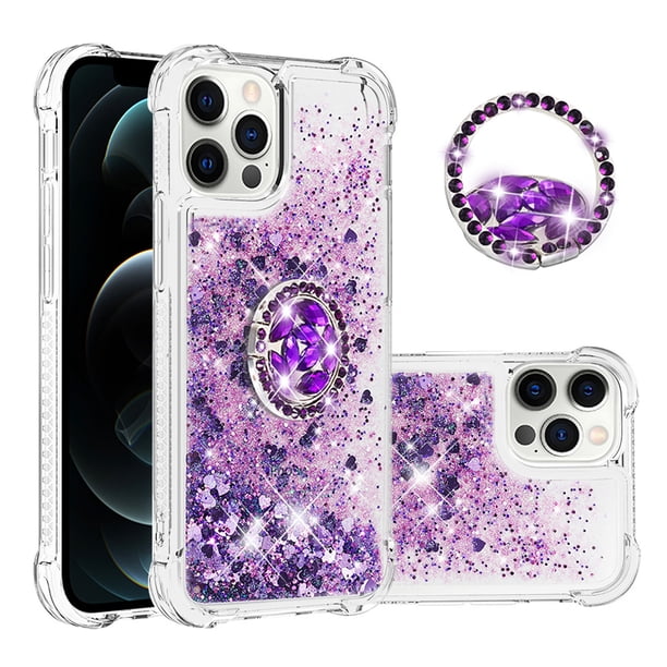 Funda para iPhone 12 Pro con Brillo Líquido Flotante, Purpurina, Parachoques y Anillo Giratorio Soporte