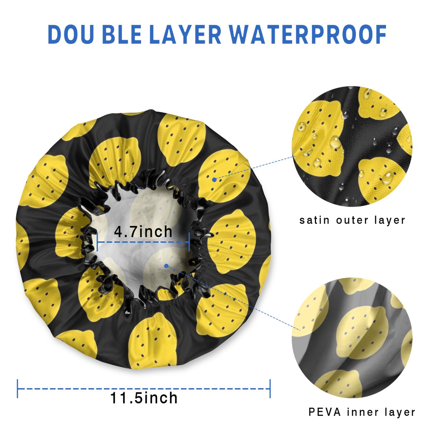 Shower Caps,Yellow Lemon Fruit Dots Black Pattern Waterproof Shower Cap for Women 4 Pieces,Double Reusable Hair Cover for Shower PEVA Elastic Stretch Hem
