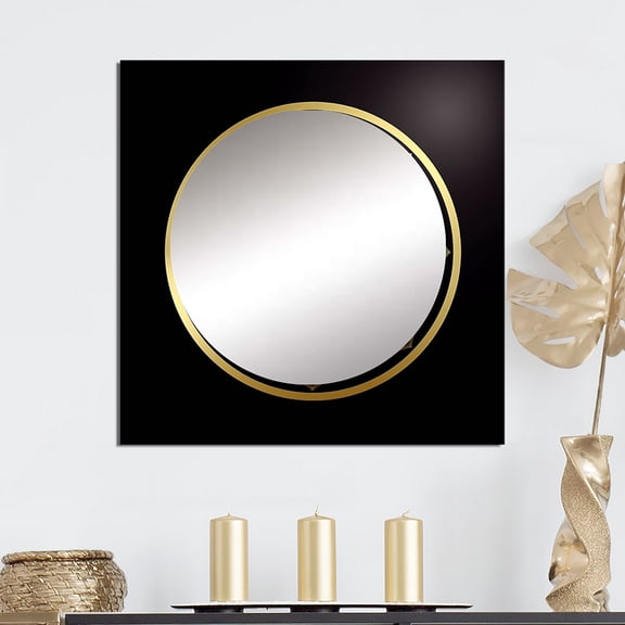 Designart "Divine Geometry Emblem In Gold On Black II" Modern Geometric Square Mirror For Wall Decor - Large Gold Square Printed Wall Mirror Art - Wall Mounted Square Large Mirror