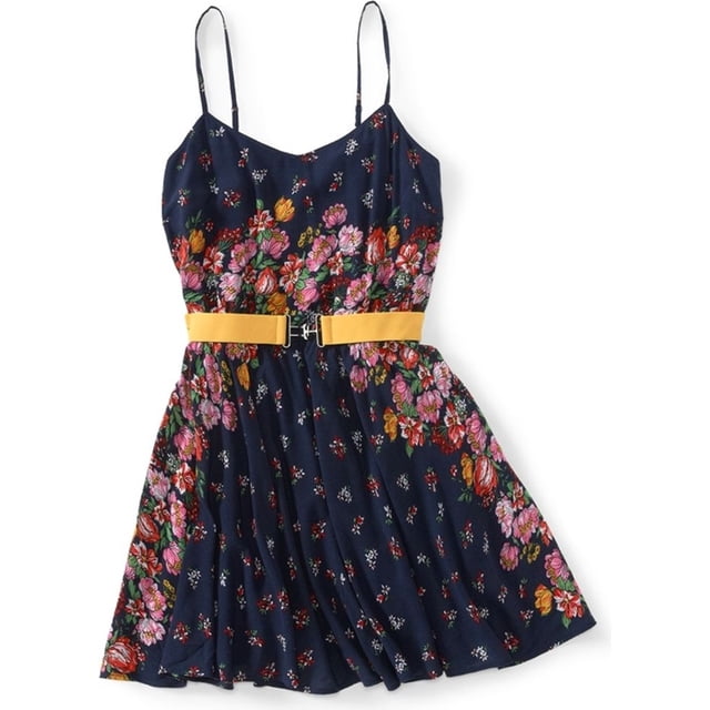 Aeropostale Vestido de verano tejido con borde floral con cinturón para mujer, azul, mediano Aeropostale vestido de verano