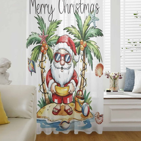 Christmas Semi Sheer Curtains Drapes for Living Room,Bedroom,French Doors Window 96 Inches Long,Coastal Santa Claus Ocecan Beach Cocount Tree Rod Pocket Chiffon Curtain Drapery Voile Draperies Panel