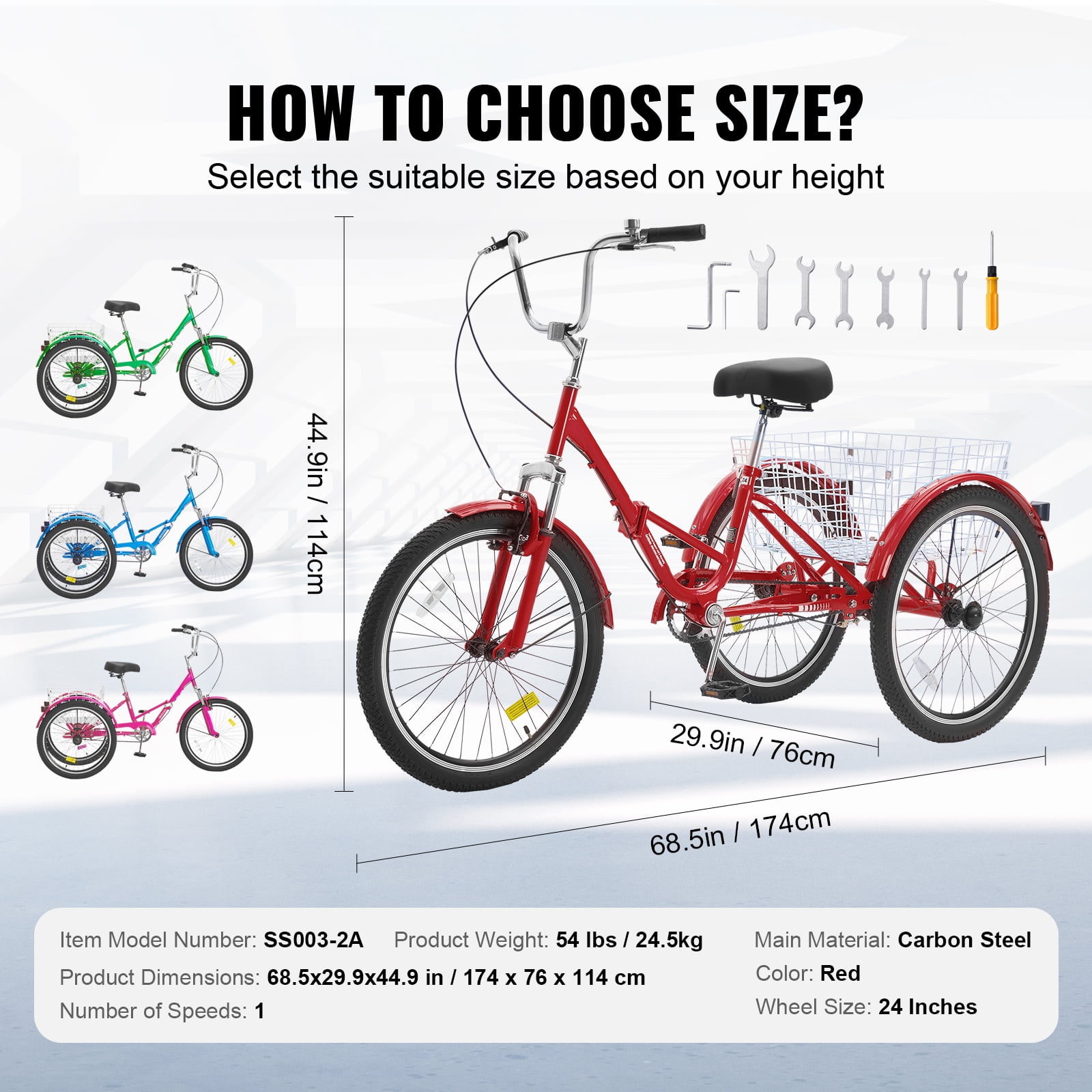 SKYSHALO Folding Adult Tricycle 24" Adult 3-Wheel Folding Trikes Carbon Steel Red