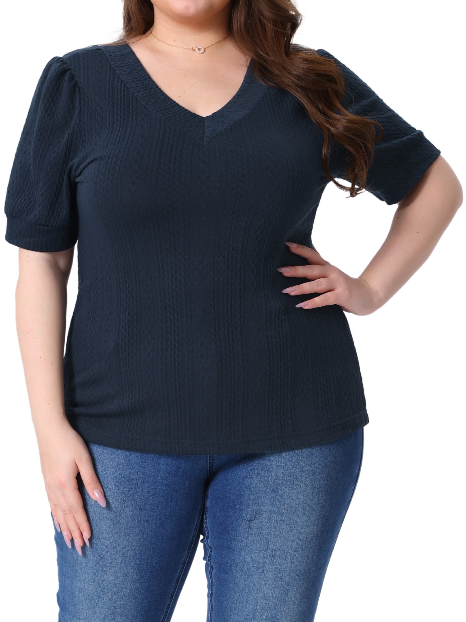 DARING DIVA Women's Plus Tops V Neck Pullover Knitted Casual Blouses 4X Navy Blue