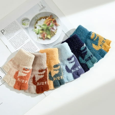 

kpoplk Gloves Winter Kids Children Gloves Boys Autumn Winter Warm Half Finger Knitting Dinosaur Baby Students Write (Navy)