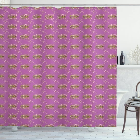 Yellow Damask Shower Curtain, Renaissance Style Flowers and Interlaced Stems Illustration, Fabric Bathroom Set with Hooks, 69W X 84L Inches Extra Long, Fucshia Yellow and Brown, by Ambesonne