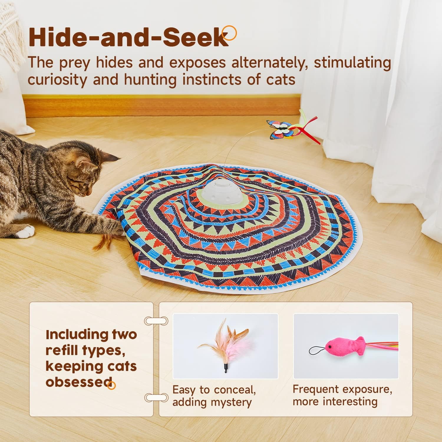 Cat Toys Chargeable, 3in1 Hide and Seek, Automatic Interactive Fun, Fluttering Butterfly, Moving Feather, Kitten Wand, Indoor Kitty Exercise Kicker 22.8 Inch Cover for All Breeds
