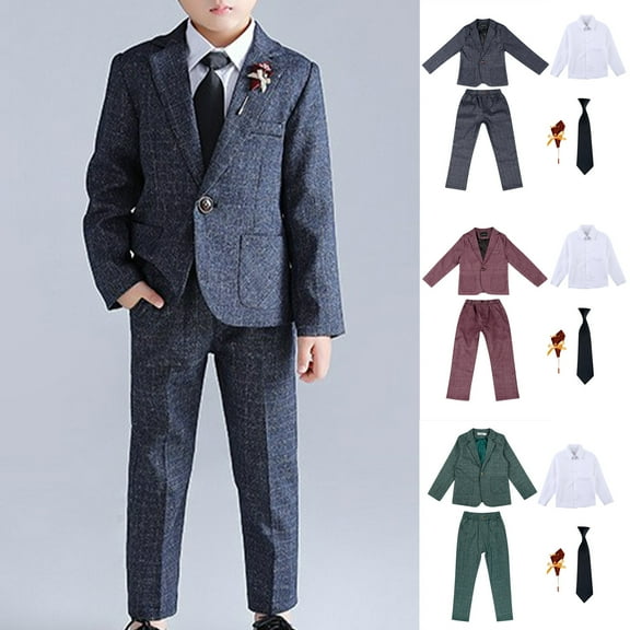 HAOTAGS Boys'5PC Suit Outfit Sets, Tie and Brooch Long - sleeved Dresswear Solid 5 - piece Set Blue 4-5 Years