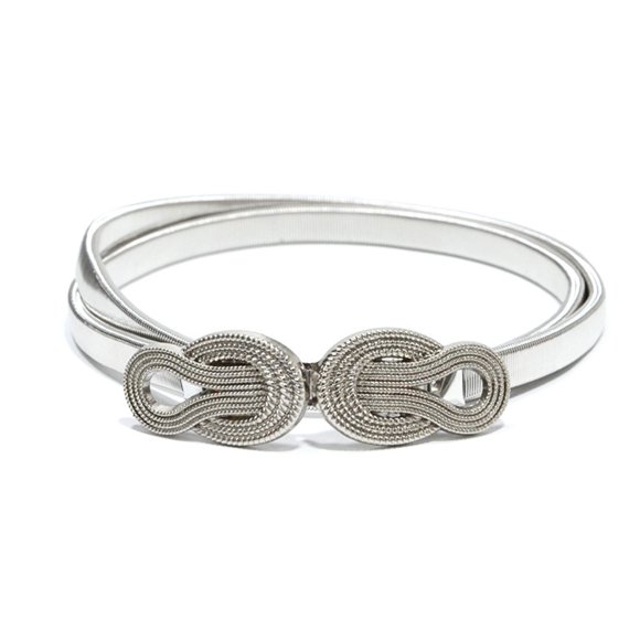 Adjustable 72cm Silver Metal Spring Waist Belt for Women - 1cm Width, 8cm Hemp Rope Buckle (70-85cm Waist Fit), Lightweight 0.07kg Decorative Waist Chain with 2.2cm Buckle Width
