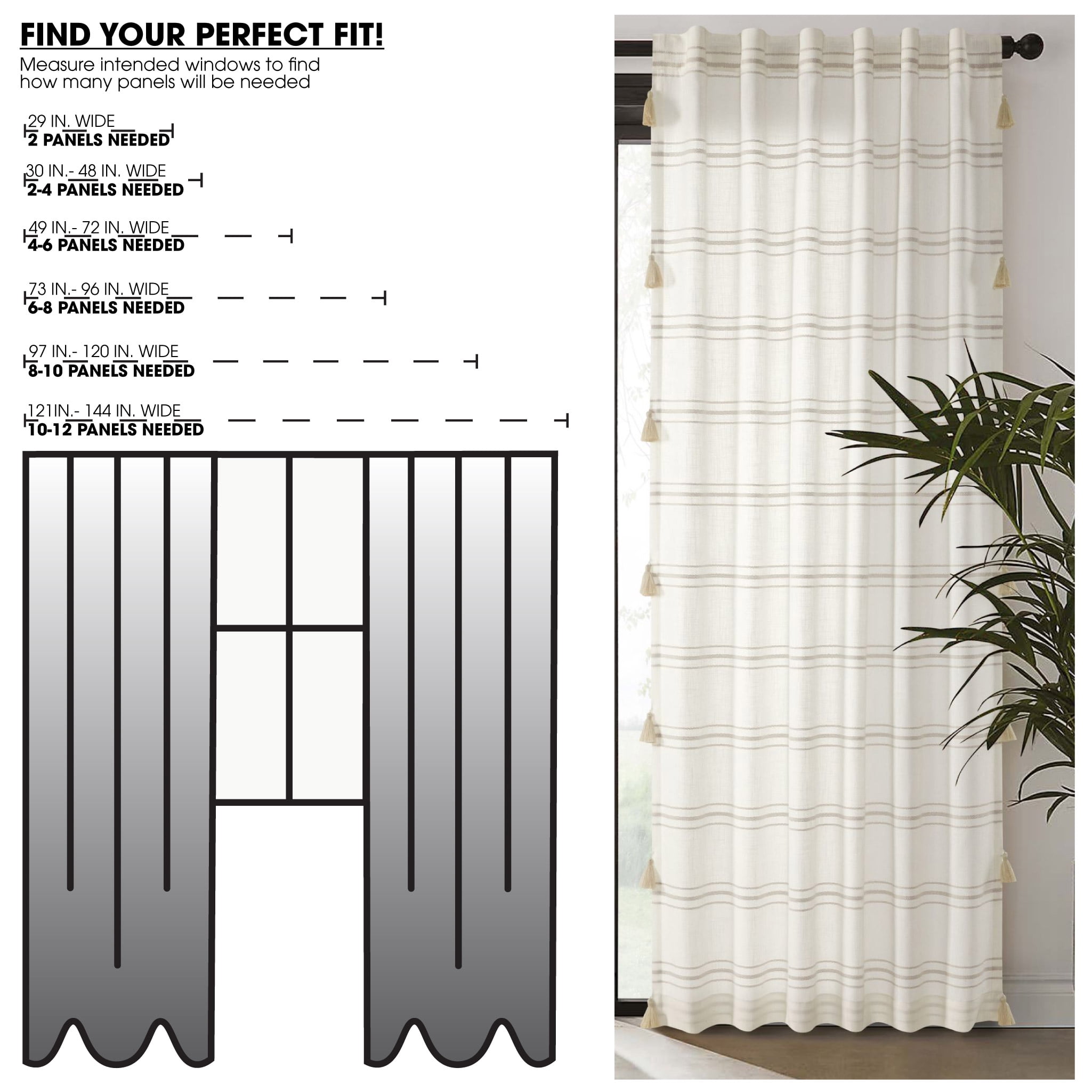 Better Homes & Gardens Polyester-Cotton Light Filtering Stripe Tassels Curtain Panel, 1-Piece, Beige, 50" W x 95" L