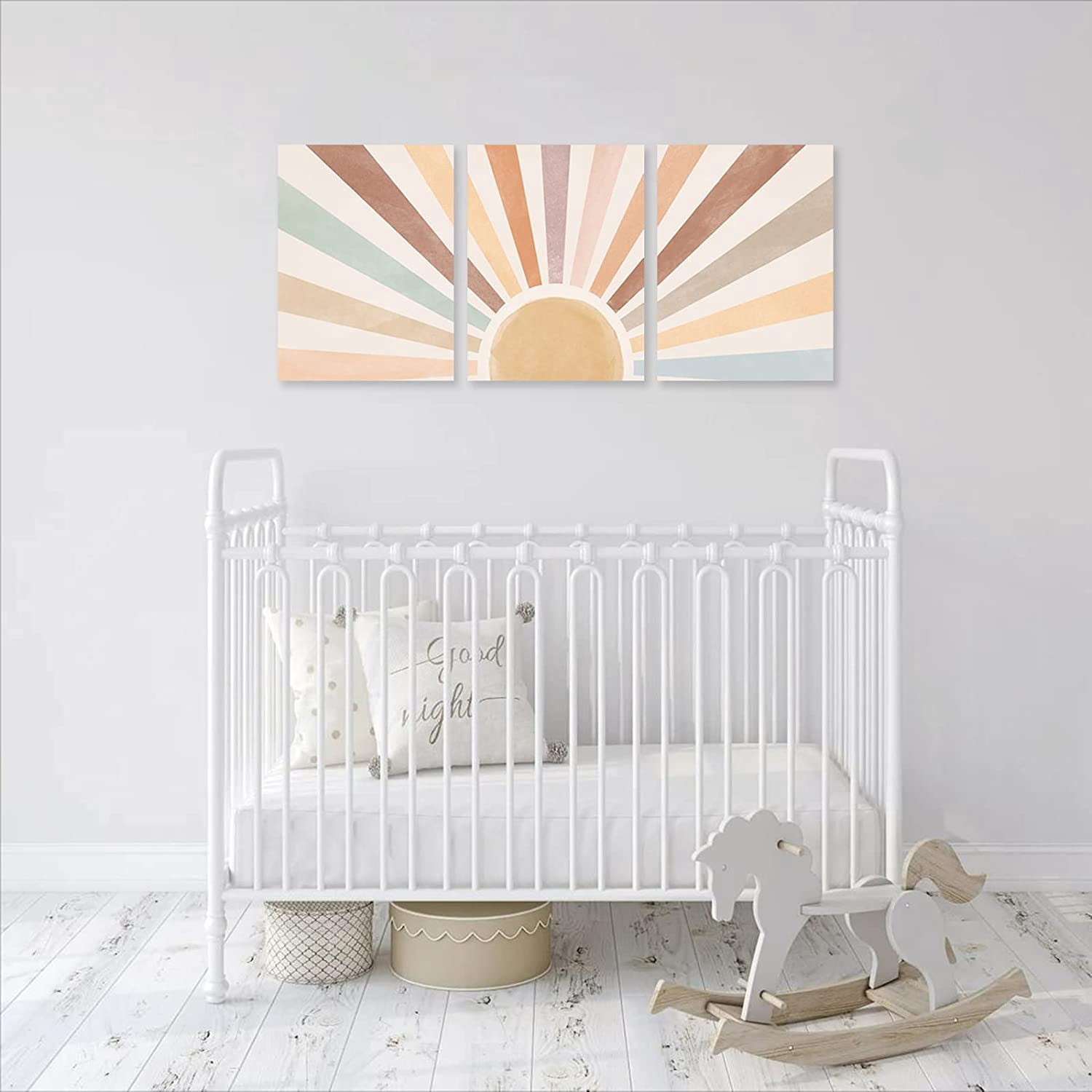 Boho Sun Wall Art Set of 3 Framed Canvas Wall Art Rainbow Sun Rising on the Horizon Geometric Nature Illustrations Line Art Wall Mid-Century Modern Prints Boho Wall Decor 12"x16" Watercolor