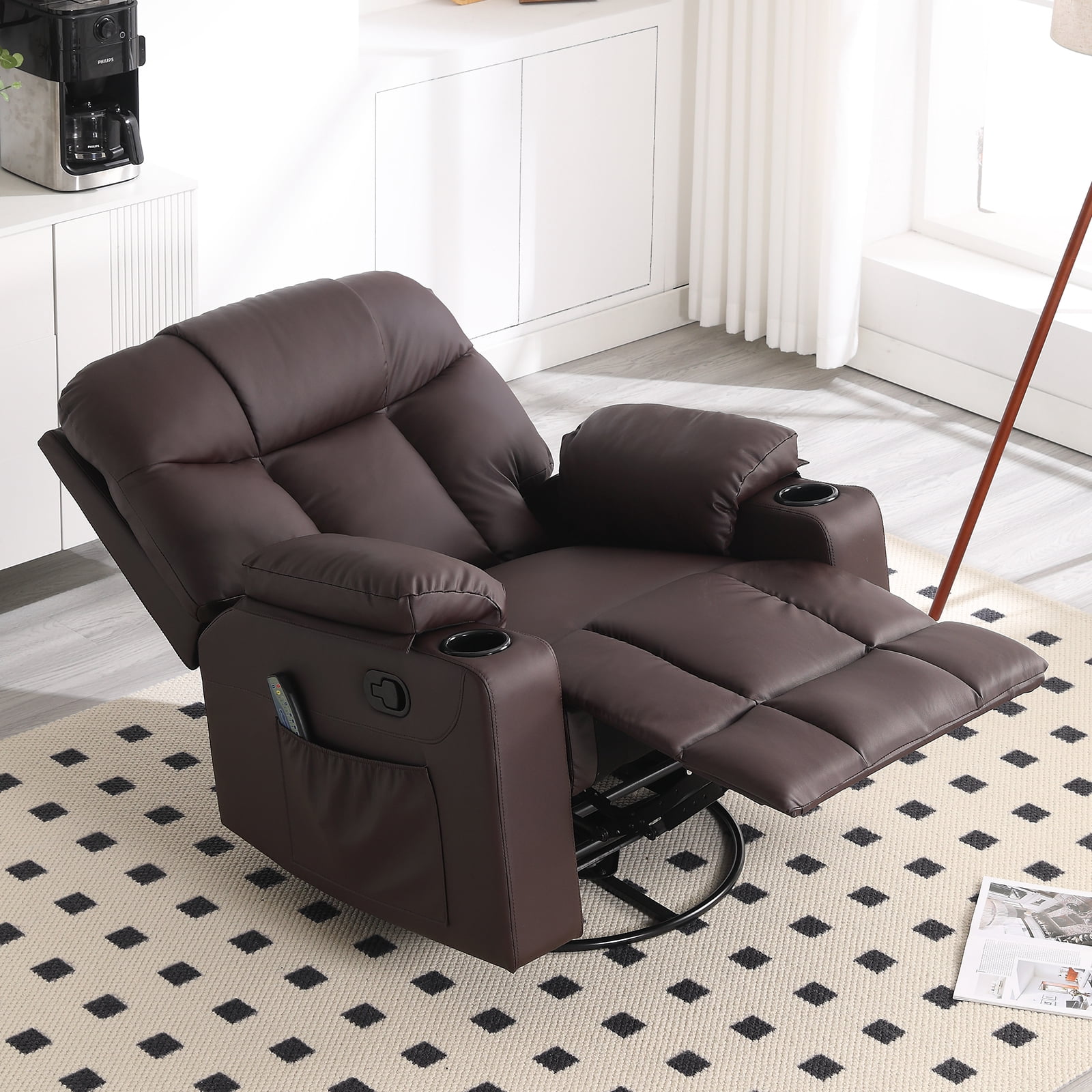 Bonzy Home Rocker Recliner Chair with Swivel Base, Massage & Heat, 2 Cup Holders – Comfortable Recliner for Living Room, Bedroom, Office