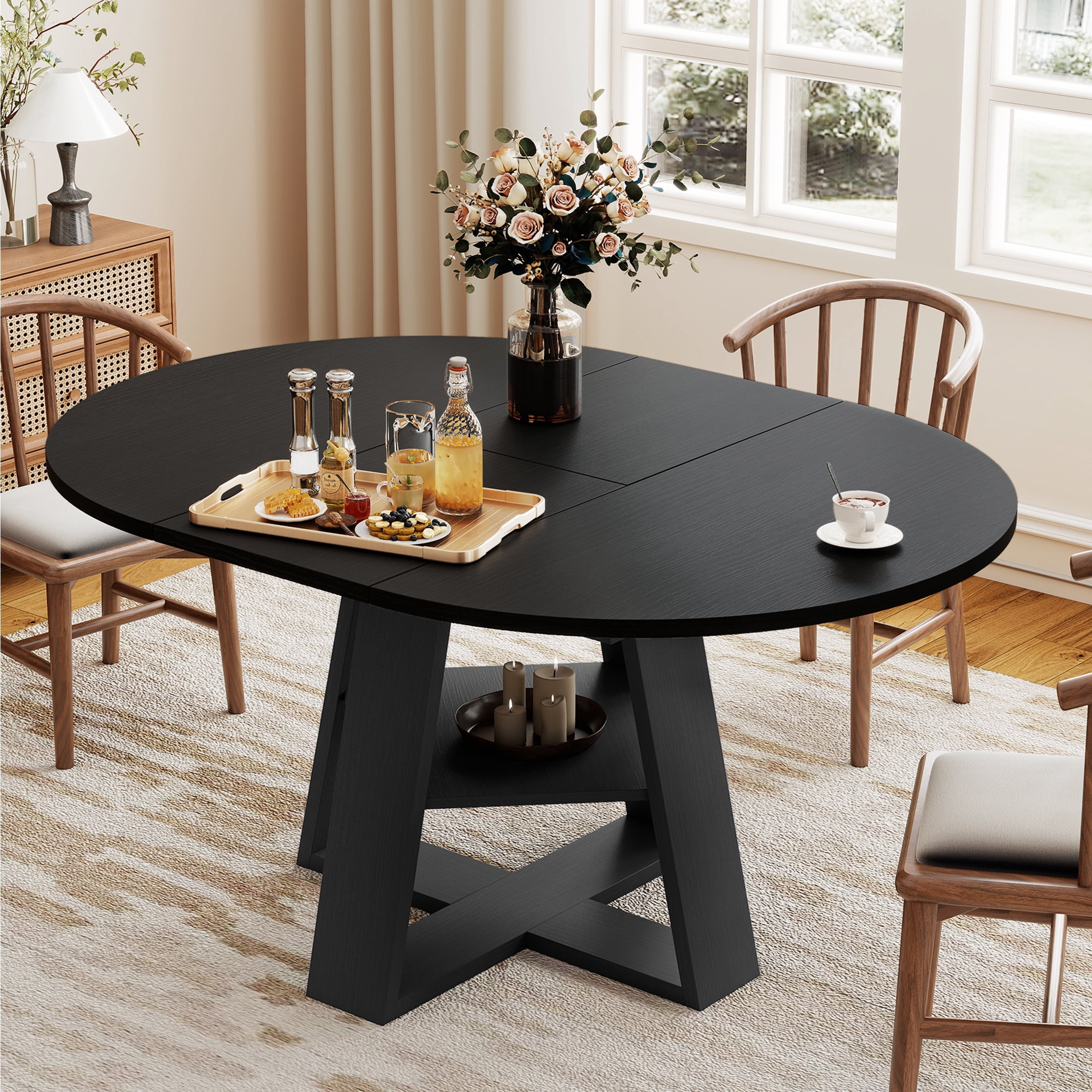Hawsaiy 43.3-59 in Extendable Oval Dining Table for 4-6, Space-Saving Round Kitchen Table with Hidden Leaf Storage & Bottom Shelf for Small Space, Black