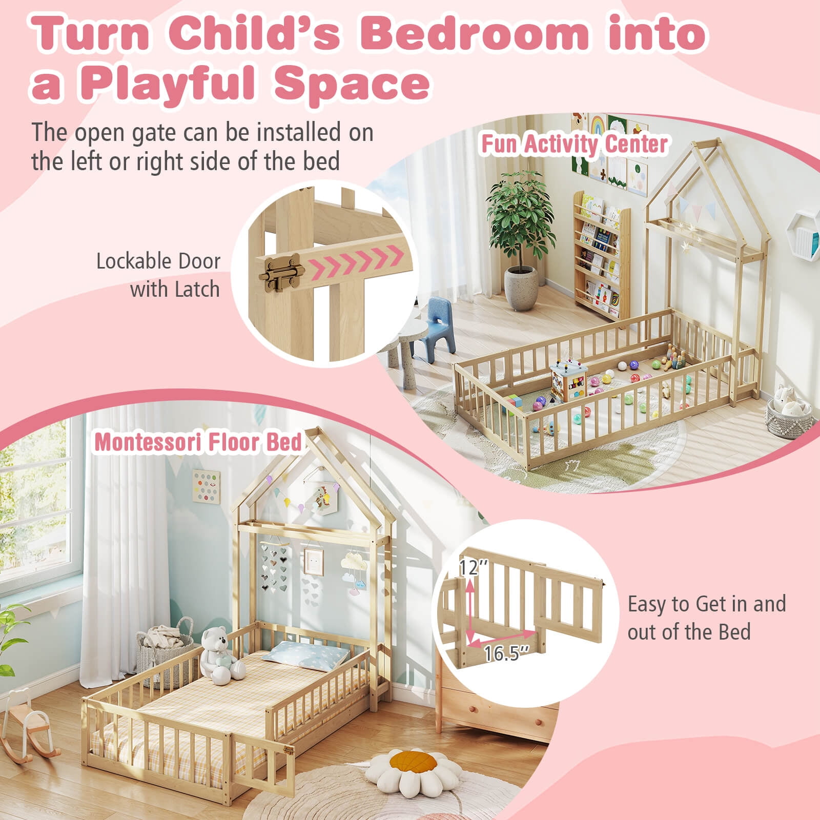 Costway Twin Size House Floor Bed with House-shaped Headboard Clothes Hanger without Slats Beige