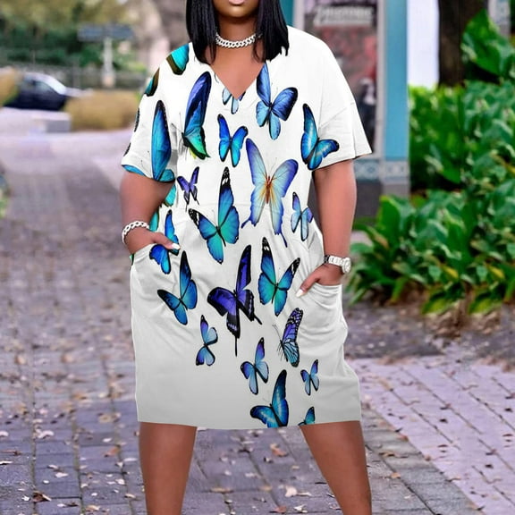 Homenesgenics Summer Dresses for Women under $10 Plus Size Women's Fashion Print Plus Size V-Neck Ventilate Sexuality Dress