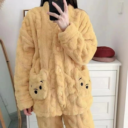 

CoCopeaunt Autumn and winter cartoon casual cute loungewear students thickened long-sleeved facecloth pajamas can be worn outside the suit