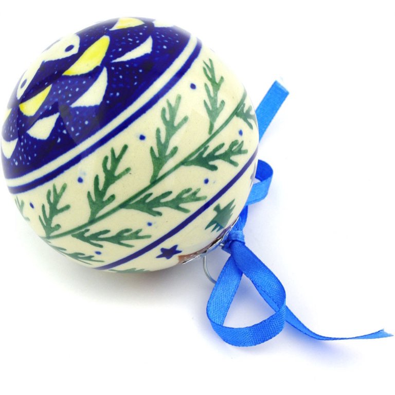 Polish Pottery 3½-inch Ornament Christmas Ball (Pine Boughs Theme) Hand  Painted in Boleslawiec, Poland + Certificate of Authenticity