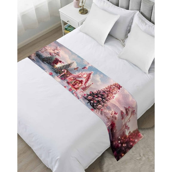 Pink Christmas Bed Runner for Full/ Queen Size Bed, Xmas Tree Farmhouse Snowflake Bedspread Protector Slipcover Bed Scarf for Foot Bed Runners & Scarves for Bedroom Hotel Wedding Room 83x20 Inches
