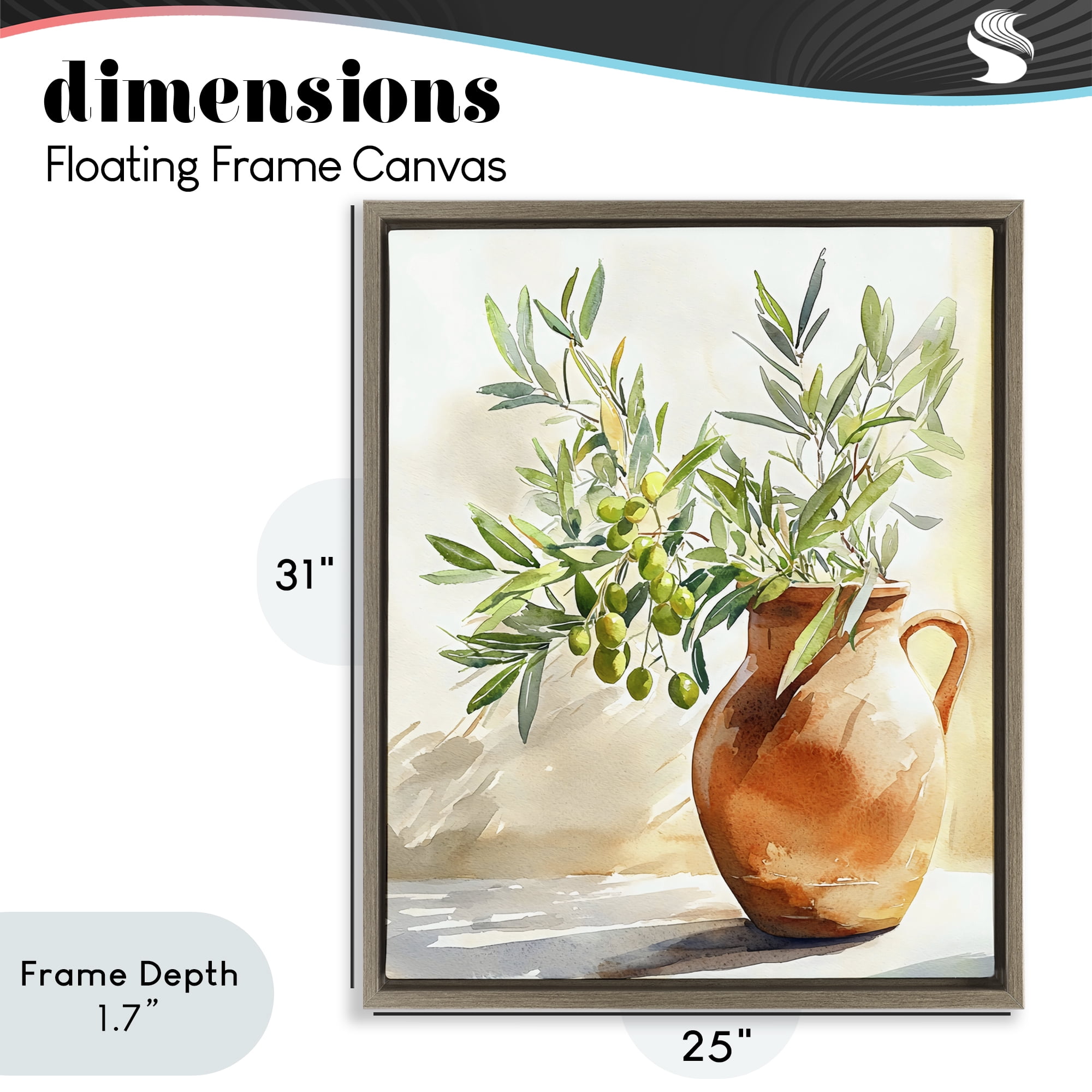 Stupell Industries Olive Branch in Terracotta Vase Brown Framed Floater Canvas Wall Art, design by LSR Design Studio