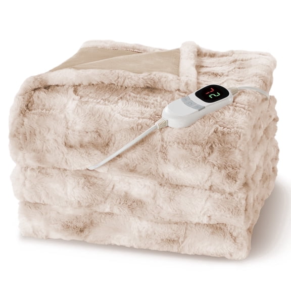 MARNUR Heated Blanket Electric Throw Extra Large Size 50"x72", Soft Faux Fur Heated Throw with 10 Heating Levels 4 Hours Timer Machine Washable, Khaki