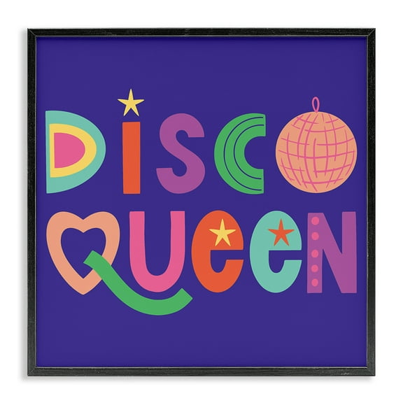 Stupell Industries Disco Queen with Retro Letters Quotes and Sayings Painting Black Framed Art Print Wall Art, 12 x 12