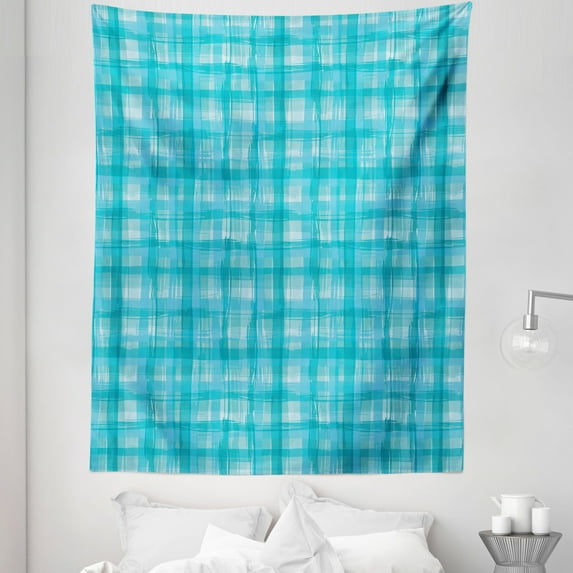 Abstract Tapestry, Marine Style Hand Drawn Brush Streaks Monochrome Checkered Inspired, Fabric Wall Hanging Decor for Bedroom Living Room Dorm, 5 Sizes, Sea Blue Aqua Pale Teal, by Ambesonne