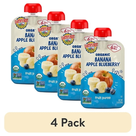 (4 pack) Earth's Best Organic Stage 2 Baby Food, Banana Apple Blueberry Fruit Puree, 3.5 oz Pouch