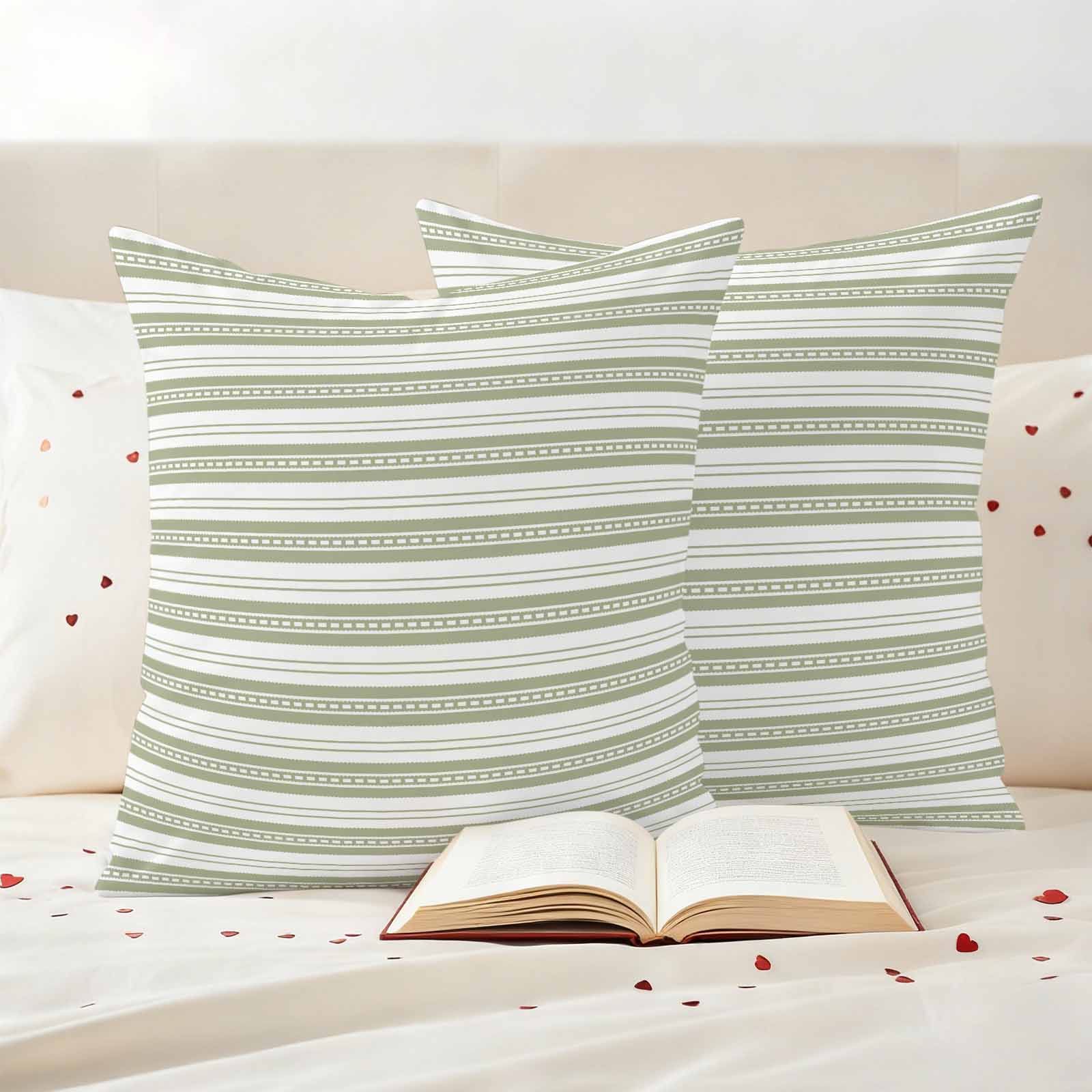 Boho Sage Green Stripe Outdoor Waterproof Pillow Covers, Abstract Geometric White Minimalist Decorative Square Throw Pillowcase Sofa Cushion Sham for Patio/Couch/Chair, 20"x20" 2 Pack