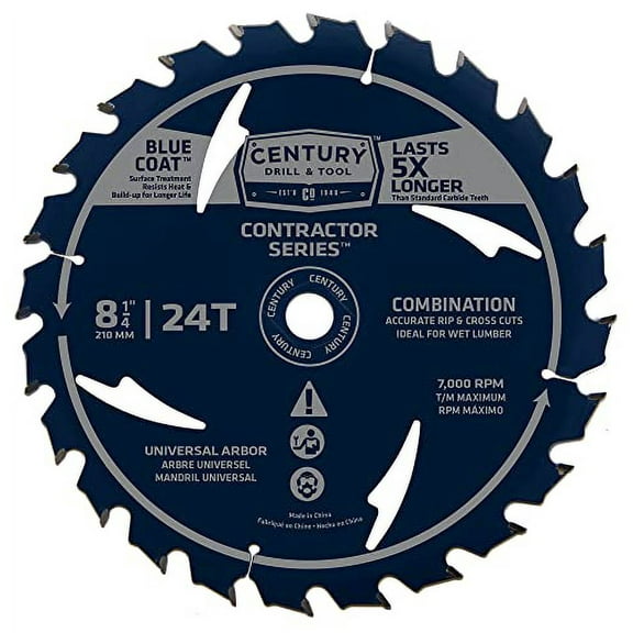Century Drill & Tool 10283 8” 8-1/4" 24T Contractor Series Carbide Saw Blade, Thin Kerf, Heat Resistant, Non-Stick Coating, Durable, Precise