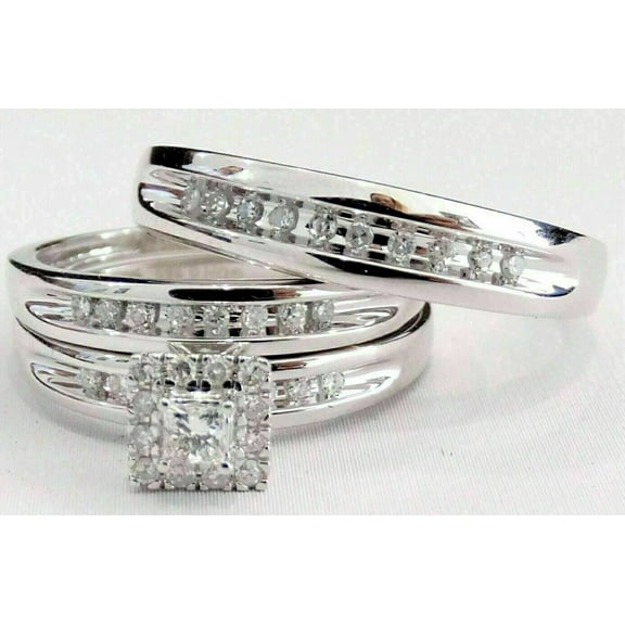 TAAPSEE JEWELS His & Her Trio Set Wedding Ring 14K White Gold Plated Round Cut Cubic Zirconia