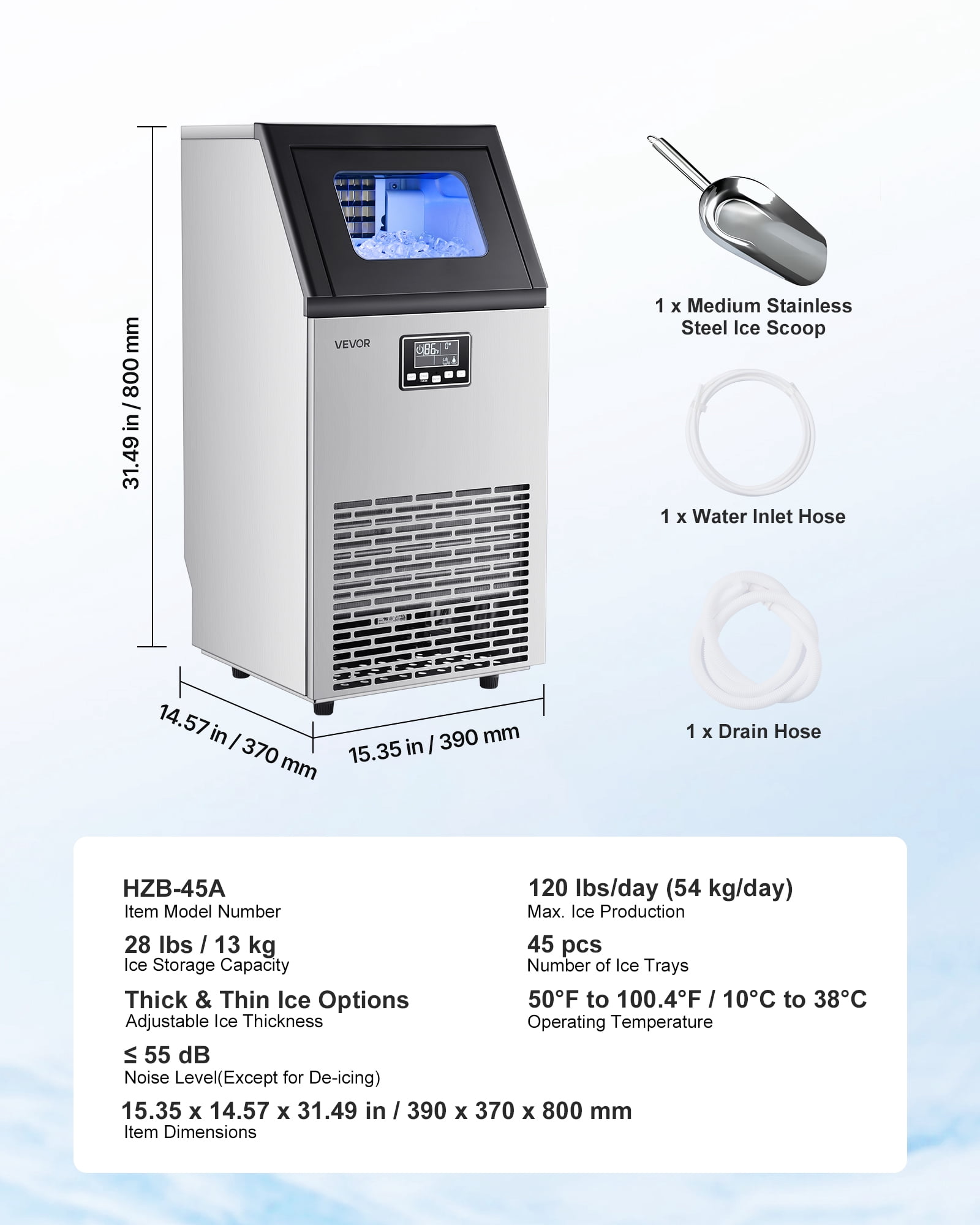 VEVOR Commercial Ice Maker Machine, 120 lbs/24h with 28Lbs Storage, 45 Cubes per Cycle, Stainless Steel Freestanding & Under Counter Ice Maker with LED Display & Self-Cleaning,for Home Bar Restaurant
