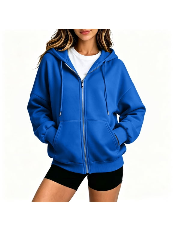 Women's Oversized Zip Up Hoodie Drawstring Hood Casual Jacket with Pockets Royal Blue XL