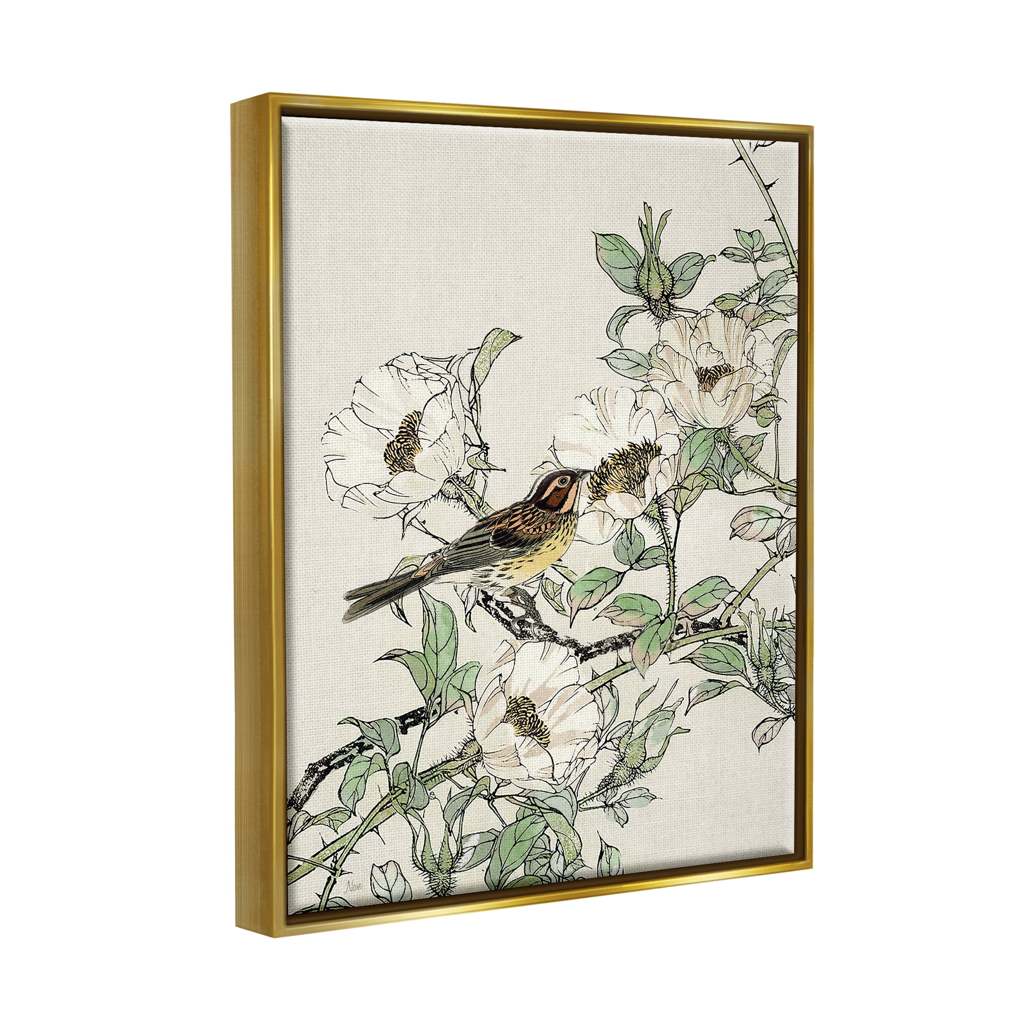 Stupell Industries Delicate Bird & Blossoms Botanical & Floral Painting Gold Floater Framed Canvas Art Print Wall Art, 17 x 21