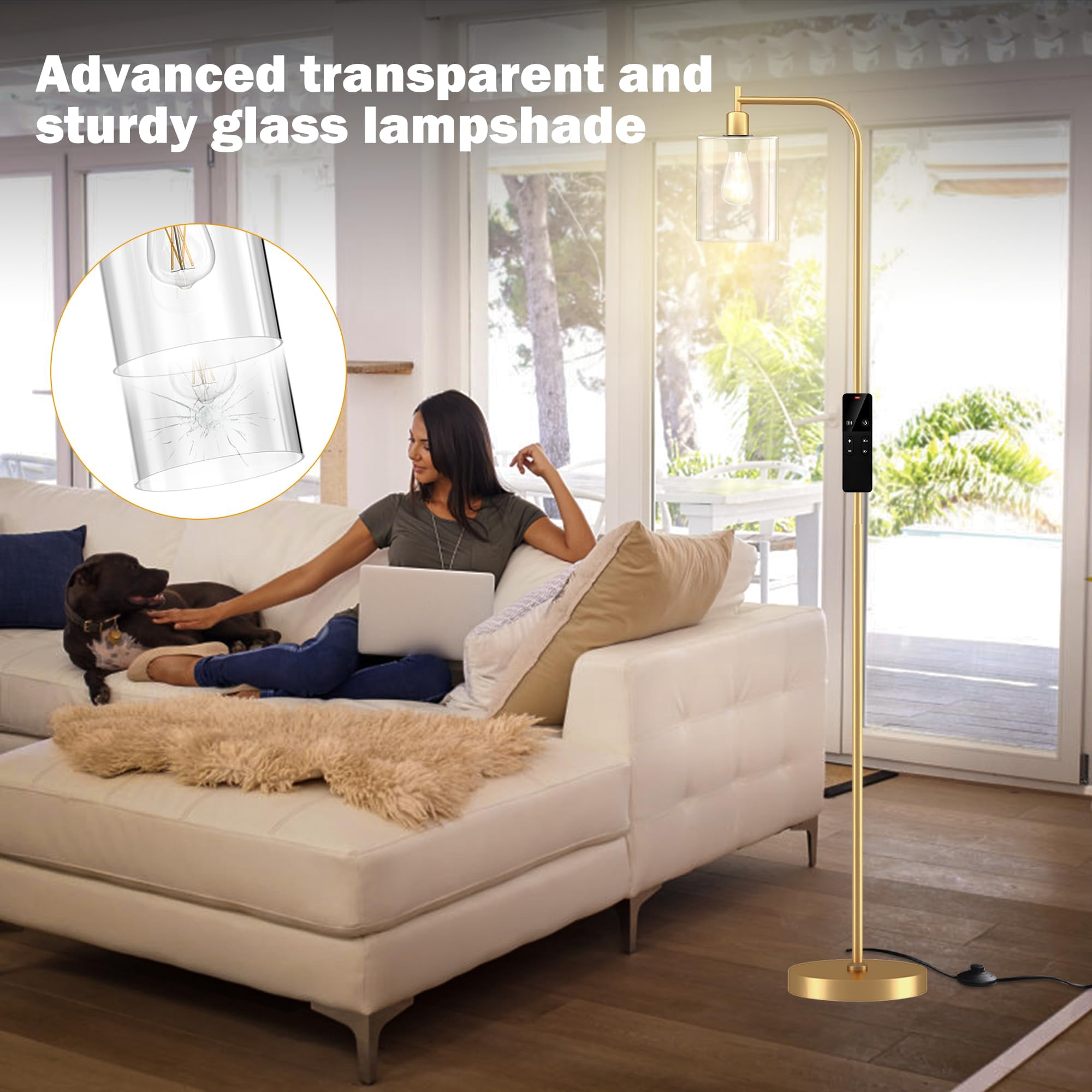 Industrial Floor Lamp With Glass Shade  Modern Dimmable Remote Led Bulbs Tall For Living Room Corner Bedroom Office (gold)