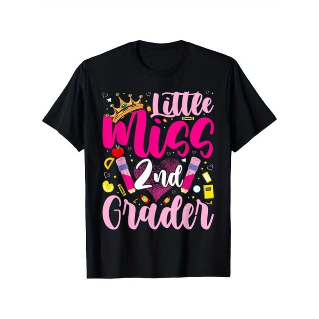 Camiseta de Little Miss para niñas de 2.º grado, primer día de regreso a clases, para niños, camiseta de fondo, transpirable, informal, cómoda, ropa de calle, camiseta de verano, cuello redondo, mang