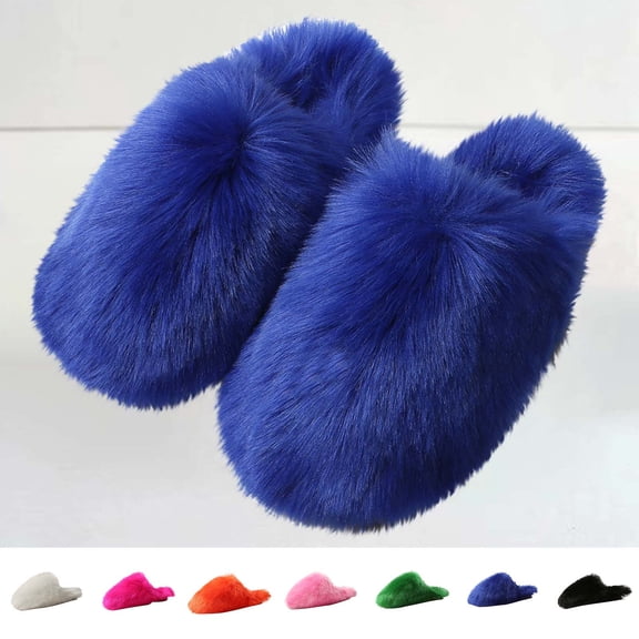 Xfvqtps Fuzzy Slippers for Women Fluffy Close Toe Slide House Slippers for Indoor Bedroom Warm Furry Slipper for Winter Spring Fall Blue