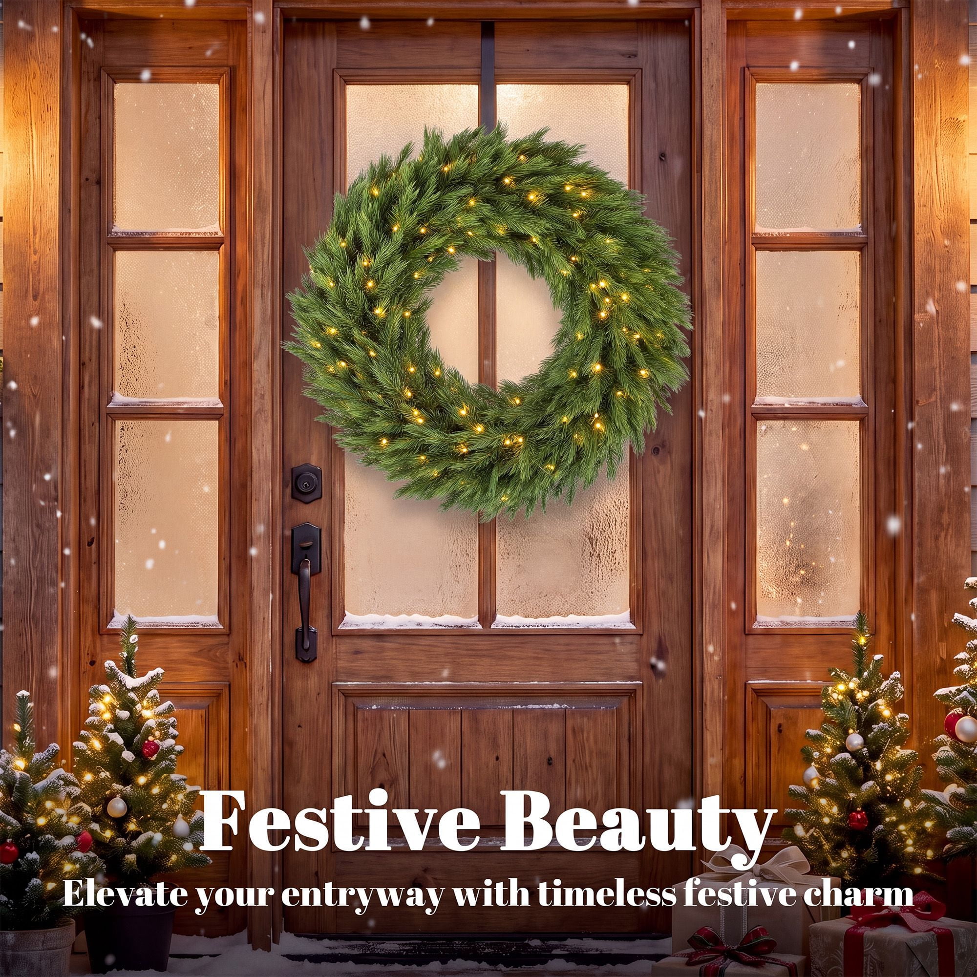 Pre-Lit Artificial Christmas Wreath, 36 in Norwegian Spruce with 100 Warm White LED Lights, 450 Branch Tips, Indoor and Covered Outdoor Holiday Door Decor