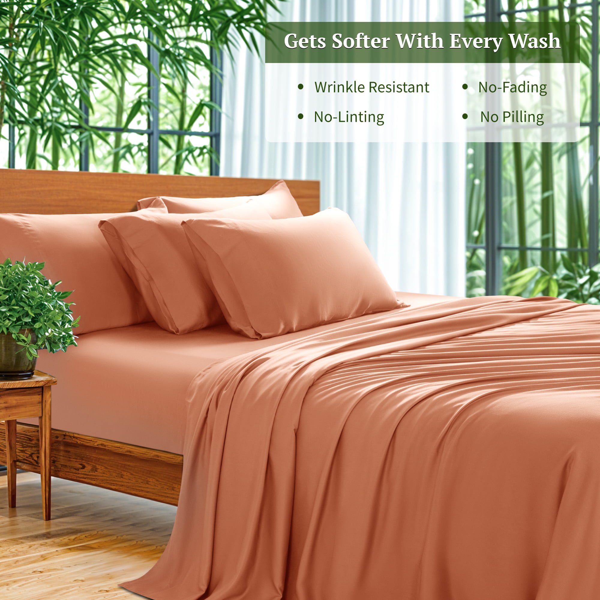 SONORO KATE 6 Pieces Bamboo Bed Sheets Set, Luxury Rayon Derived - Deep Pockets - Wrinkle Free - Extremely Soft, Queen, Coral