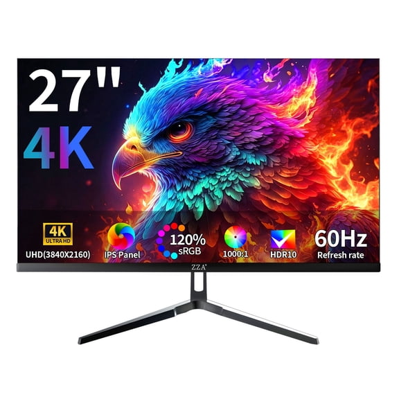 ZZA 27" 4K UHD IPS Monitor, 60Hz, 120% sRGB & HDR10, AMD FreeSync, 2xHDMI+2xDP, VESA, Flicker-Free for Home Office